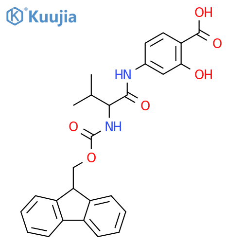4-2-({(9H-fluoren-9-yl)methoxycarbonyl}amino)-3-methylbutanamido-2-hydroxybenzoic acid structure