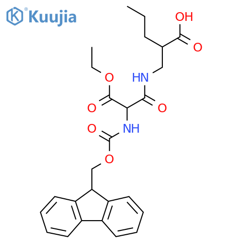 2-{2-(ethyl carboxy)-2-({(9H-fluoren-9-yl)methoxycarbonyl}amino)acetamidomethyl}pentanoic acid structure