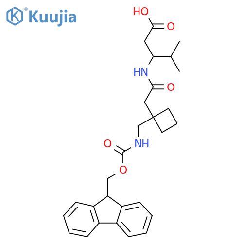 3-(2-{1-({(9H-fluoren-9-yl)methoxycarbonyl}amino)methylcyclobutyl}acetamido)-4-methylpentanoic acid structure