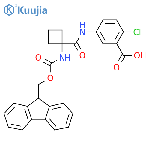 2-chloro-5-1-({(9H-fluoren-9-yl)methoxycarbonyl}amino)cyclobutaneamidobenzoic acid structure