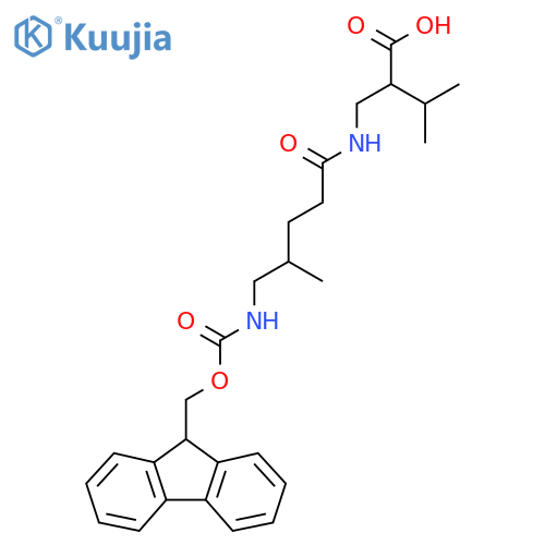 2-{5-({(9H-fluoren-9-yl)methoxycarbonyl}amino)-4-methylpentanamidomethyl}-3-methylbutanoic acid structure