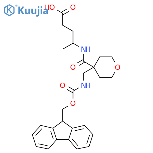 4-({4-({(9H-fluoren-9-yl)methoxycarbonyl}amino)methyloxan-4-yl}formamido)pentanoic acid structure