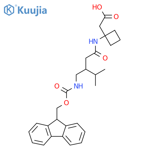 2-(1-{3-({(9H-fluoren-9-yl)methoxycarbonyl}amino)methyl-4-methylpentanamido}cyclobutyl)acetic acid structure