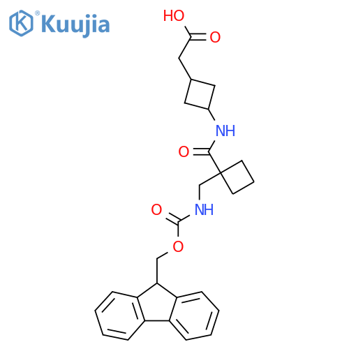 2-(3-{1-({(9H-fluoren-9-yl)methoxycarbonyl}amino)methylcyclobutaneamido}cyclobutyl)acetic acid structure