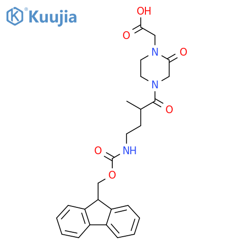 2-{4-4-({(9H-fluoren-9-yl)methoxycarbonyl}amino)-2-methylbutanoyl-2-oxopiperazin-1-yl}acetic acid structure