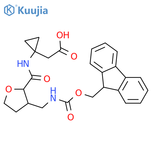 2-(1-{3-({(9H-fluoren-9-yl)methoxycarbonyl}amino)methyloxolane-2-amido}cyclopropyl)acetic acid structure