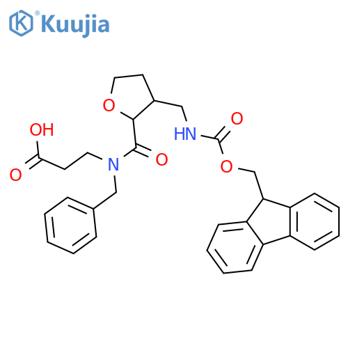 3-(N-benzyl-1-{3-({(9H-fluoren-9-yl)methoxycarbonyl}amino)methyloxolan-2-yl}formamido)propanoic acid structure