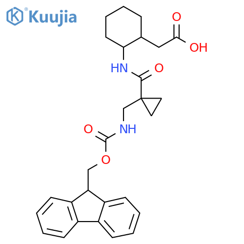 2-(2-{1-({(9H-fluoren-9-yl)methoxycarbonyl}amino)methylcyclopropaneamido}cyclohexyl)acetic acid structure