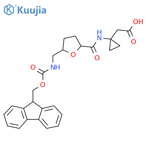 2-(1-{5-({(9H-fluoren-9-yl)methoxycarbonyl}amino)methyloxolane-2-amido}cyclopropyl)acetic acid structure