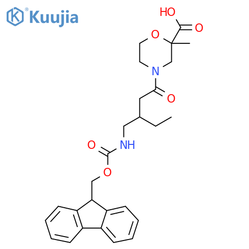 4-{3-({(9H-fluoren-9-yl)methoxycarbonyl}amino)methylpentanoyl}-2-methylmorpholine-2-carboxylic acid structure