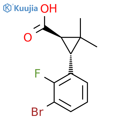 rac-(1R,3R)-3-(3-bromo-2-fluorophenyl)-2,2-dimethylcyclopropane-1-carboxylic acid structure