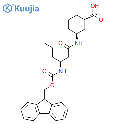 rac-(1R,5S)-5-3-({(9H-fluoren-9-yl)methoxycarbonyl}amino)hexanamidocyclohex-3-ene-1-carboxylic acid structure