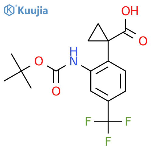 1-(2-{(tert-butoxy)carbonylamino}-4-(trifluoromethyl)phenyl)cyclopropane-1-carboxylic acid structure