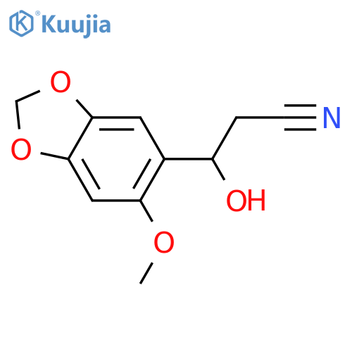3-hydroxy-3-(6-methoxy-1,3-dioxaindan-5-yl)propanenitrile structure
