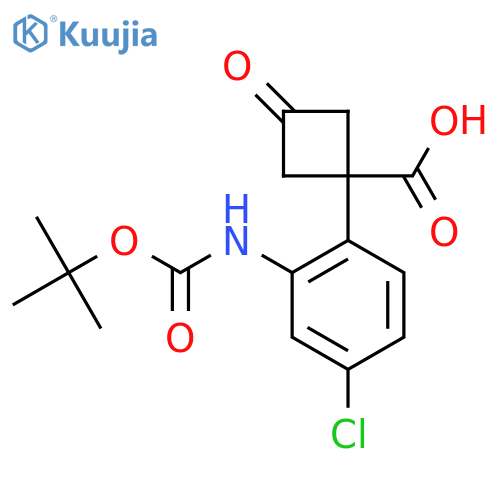 1-(2-{(tert-butoxy)carbonylamino}-4-chlorophenyl)-3-oxocyclobutane-1-carboxylic acid structure