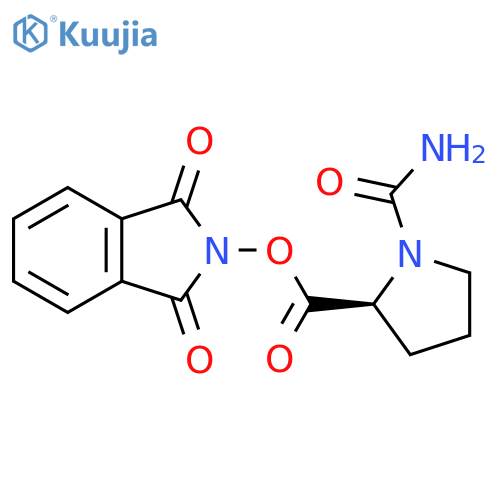 1,3-dioxo-2,3-dihydro-1H-isoindol-2-yl (2S)-1-carbamoylpyrrolidine-2-carboxylate structure