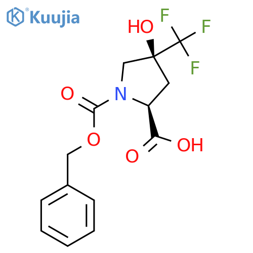 (2S,4S)-1-[(benzyloxy)carbonyl]-4-hydroxy-4-(trifluoromethyl)pyrrolidine-2-carboxylic acid structure