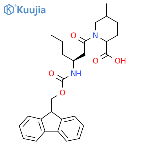 1-(3S)-3-({(9H-fluoren-9-yl)methoxycarbonyl}amino)hexanoyl-5-methylpiperidine-2-carboxylic acid structure