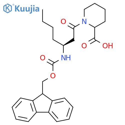 1-(3S)-3-({(9H-fluoren-9-yl)methoxycarbonyl}amino)heptanoylpiperidine-2-carboxylic acid structure