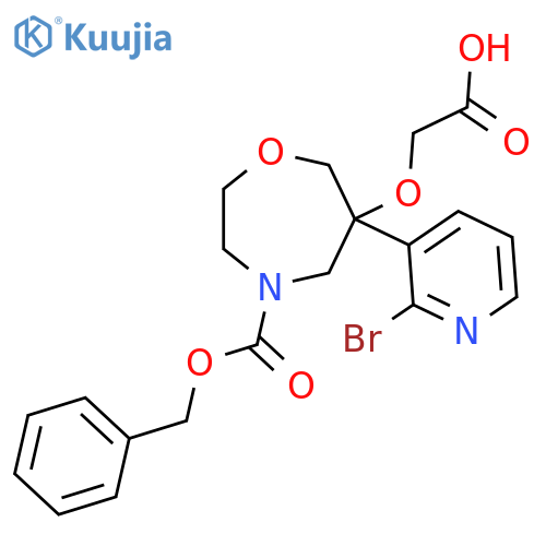 2-({4-[(Benzyloxy)carbonyl]-6-(2-bromopyridin-3-yl)-1,4-oxazepan-6-yl}oxy)acetic acid structure