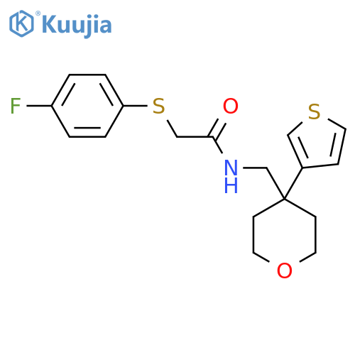 2-(4-fluorophenyl)sulfanyl-N-{4-(thiophen-3-yl)oxan-4-ylmethyl}acetamide structure