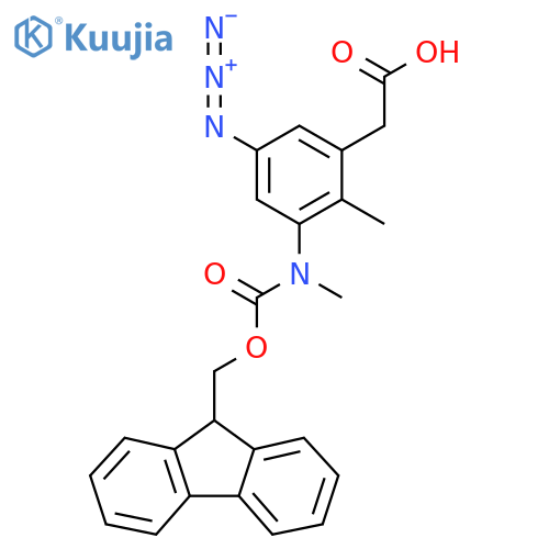 2-5-azido-3-({(9H-fluoren-9-yl)methoxycarbonyl}(methyl)amino)-2-methylphenylacetic acid structure