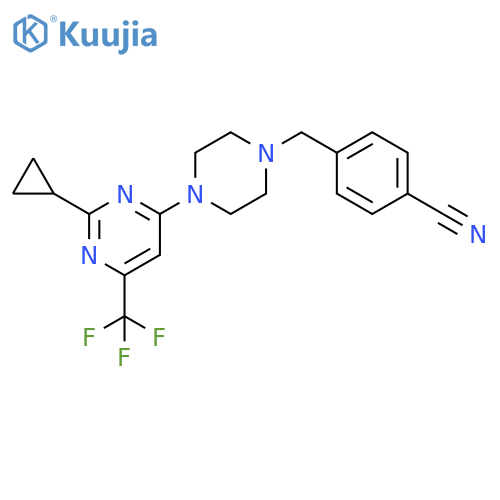 4-({4-[2-cyclopropyl-6-(trifluoromethyl)pyrimidin-4-yl]piperazin-1-yl}methyl)benzonitrile structure