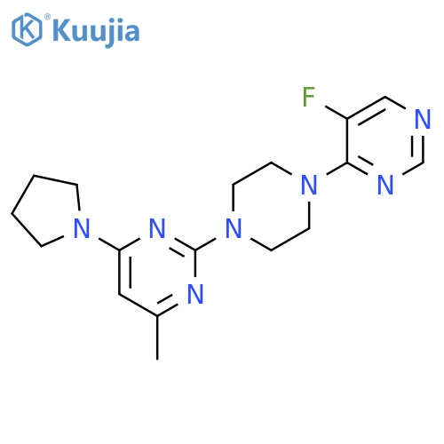 2-[4-(5-fluoropyrimidin-4-yl)piperazin-1-yl]-4-methyl-6-(pyrrolidin-1-yl)pyrimidine structure