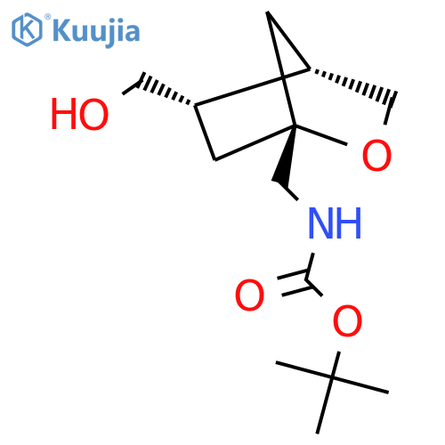 rac-tert-butyl N-{(1R,4S,5S)-5-(hydroxymethyl)-2-oxabicyclo2.2.1heptan-1-ylmethyl}carbamate structure