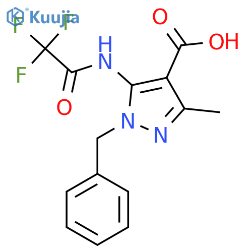 1-benzyl-3-methyl-5-(2,2,2-trifluoroacetamido)-1H-pyrazole-4-carboxylic acid structure
