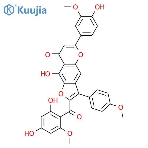 3-(3,4-Dihydroxyphenyl)-9-hydroxy-6-(4-hydroxyphenyl)-2-(2,4,6-trihydroxybenzoyl)-8H-furo[2,3-g][1]benzopyran-8-one; 3'''-Deoxy, 2'',4'''-di-Me ether, 3'-methoxy structure