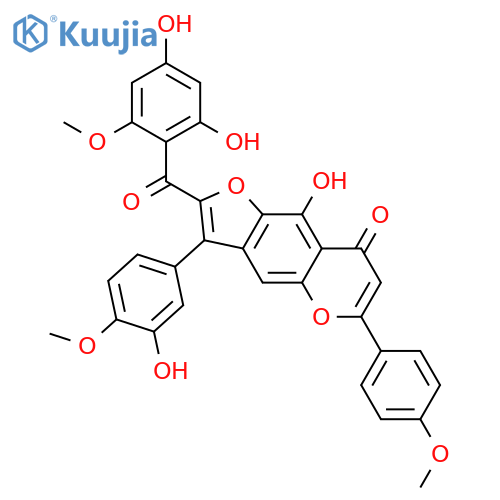 3-(3,4-Dihydroxyphenyl)-9-hydroxy-6-(4-hydroxyphenyl)-2-(2,4,6-trihydroxybenzoyl)-8H-furo[2,3-g][1]benzopyran-8-one; 2'',4',4'''-Tri-Me ether structure