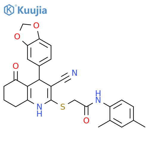 2-{4-(2H-1,3-benzodioxol-5-yl)-3-cyano-5-oxo-1,4,5,6,7,8-hexahydroquinolin-2-ylsulfanyl}-N-(2,4-dimethylphenyl)acetamide structure