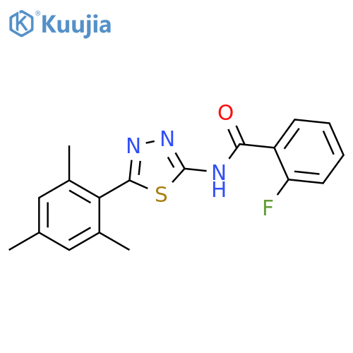 2-fluoro-N-5-(2,4,6-trimethylphenyl)-1,3,4-thiadiazol-2-ylbenzamide structure