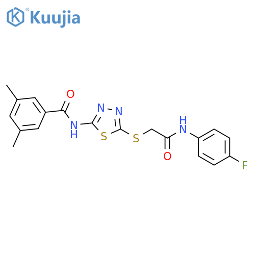 N-5-({(4-fluorophenyl)carbamoylmethyl}sulfanyl)-1,3,4-thiadiazol-2-yl-3,5-dimethylbenzamide structure