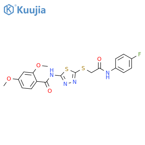 N-5-({(4-fluorophenyl)carbamoylmethyl}sulfanyl)-1,3,4-thiadiazol-2-yl-2,4-dimethoxybenzamide structure