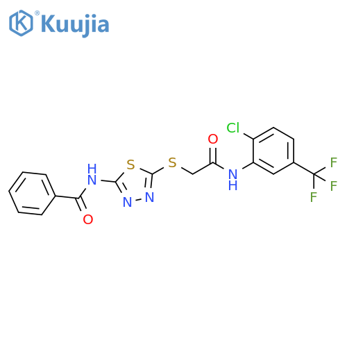 N-{5-({2-chloro-5-(trifluoromethyl)phenylcarbamoyl}methyl)sulfanyl-1,3,4-thiadiazol-2-yl}benzamide structure