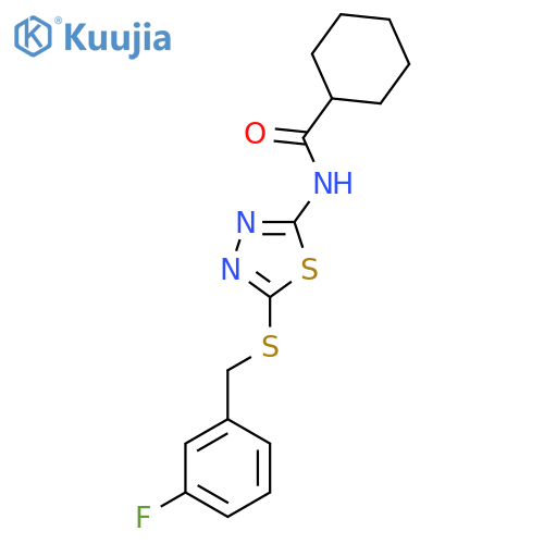 N-(5-{(3-fluorophenyl)methylsulfanyl}-1,3,4-thiadiazol-2-yl)cyclohexanecarboxamide structure