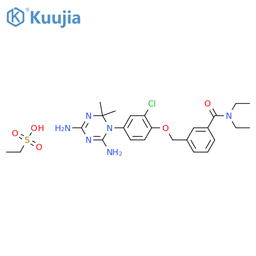 3-[[2-chloro-4-(4,6-diamino-2,2-dimethyl-1,3,5-triazin-1-yl)phenoxy]methyl]-N,N-diethylbenzamide,ethanesulfonic acid structure