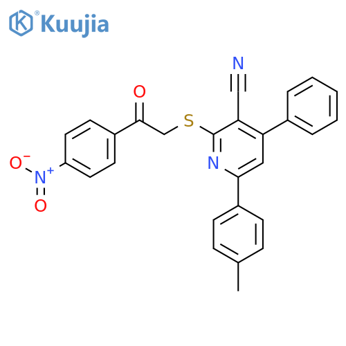 <br>2-[2-(4-Nitro-phenyl)-2-oxo-ethylsulfanyl]-4-phenyl-6-p-tolyl-nicotinonitri le structure