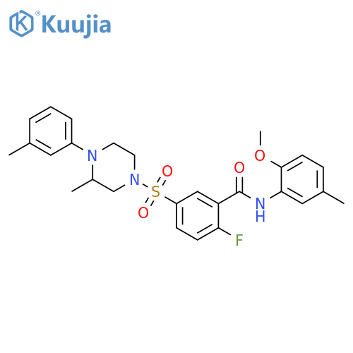 2-fluoro-N-(2-methoxy-5-methylphenyl)-5-{3-methyl-4-(3-methylphenyl)piperazin-1-ylsulfonyl}benzamide structure