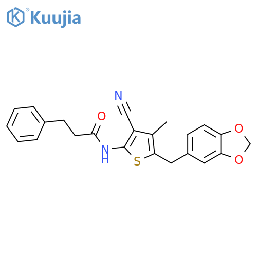 N-{5-(2H-1,3-benzodioxol-5-yl)methyl-3-cyano-4-methylthiophen-2-yl}-3-phenylpropanamide structure