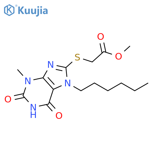 methyl 2-(7-hexyl-3-methyl-2,6-dioxo-2,3,6,7-tetrahydro-1H-purin-8-yl)sulfanylacetate structure