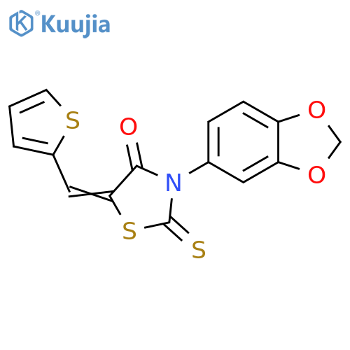 (5Z)-3-(2H-1,3-benzodioxol-5-yl)-2-sulfanylidene-5-(thiophen-2-yl)methylidene-1,3-thiazolidin-4-one structure