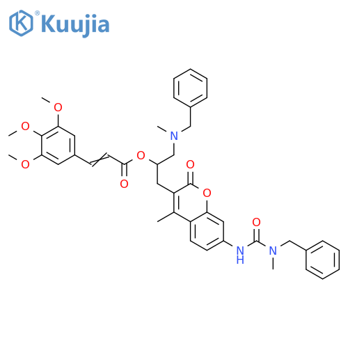 2-Propenoic acid, 3-(3,4,5-trimethoxyphenyl)-, 1-[[4-methyl-7-[[[methyl(phenylmethyl)amino]carbonyl]amino]-2-oxo-2H-1-benzopyran-3-yl]methyl]-2-[methyl(phenylmethyl)amino]ethyl ester structure