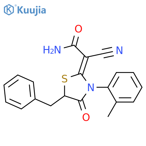 2-(2Z)-5-benzyl-3-(2-methylphenyl)-4-oxo-1,3-thiazolidin-2-ylidene-2-cyanoacetamide structure