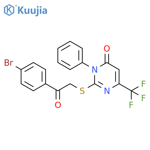 2-{[2-(4-bromophenyl)-2-oxoethyl]sulfanyl}-3-phenyl-6-(trifluoromethyl)-3,4-dihydropyrimidin-4-one structure