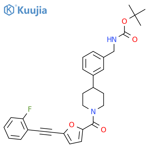 Tert-butyl 3-(1-(5-((2-fluorophenyl)ethynyl)furan-2-carbonyl)piperidin-4-yl)benzylcarbamate structure