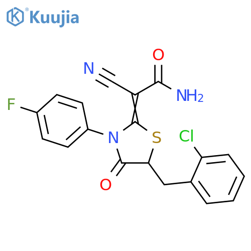 2-(2Z)-5-(2-chlorophenyl)methyl-3-(4-fluorophenyl)-4-oxo-1,3-thiazolidin-2-ylidene-2-cyanoacetamide structure