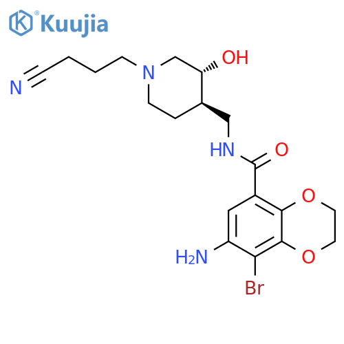 1,4-Benzodioxin-5-carboxamide, 7-amino-8-bromo-N-[[(3R,4R)-1-(3-cyanopropyl)-3-hydroxy-4-piperidinyl]methyl]-2,3-dihydro-, rel- structure